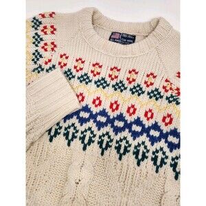 VTG Lord Jeff Sweater Men L White Fair Isle Cable Knit Crew Nordic 100% Wool USA